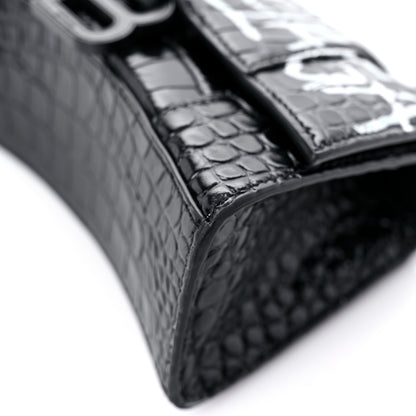 Balenciaga Calfskin Graffiti Logo Monochrome Crocodile Embossed Hourglass Top Handle Bag XS Black 8 of 16