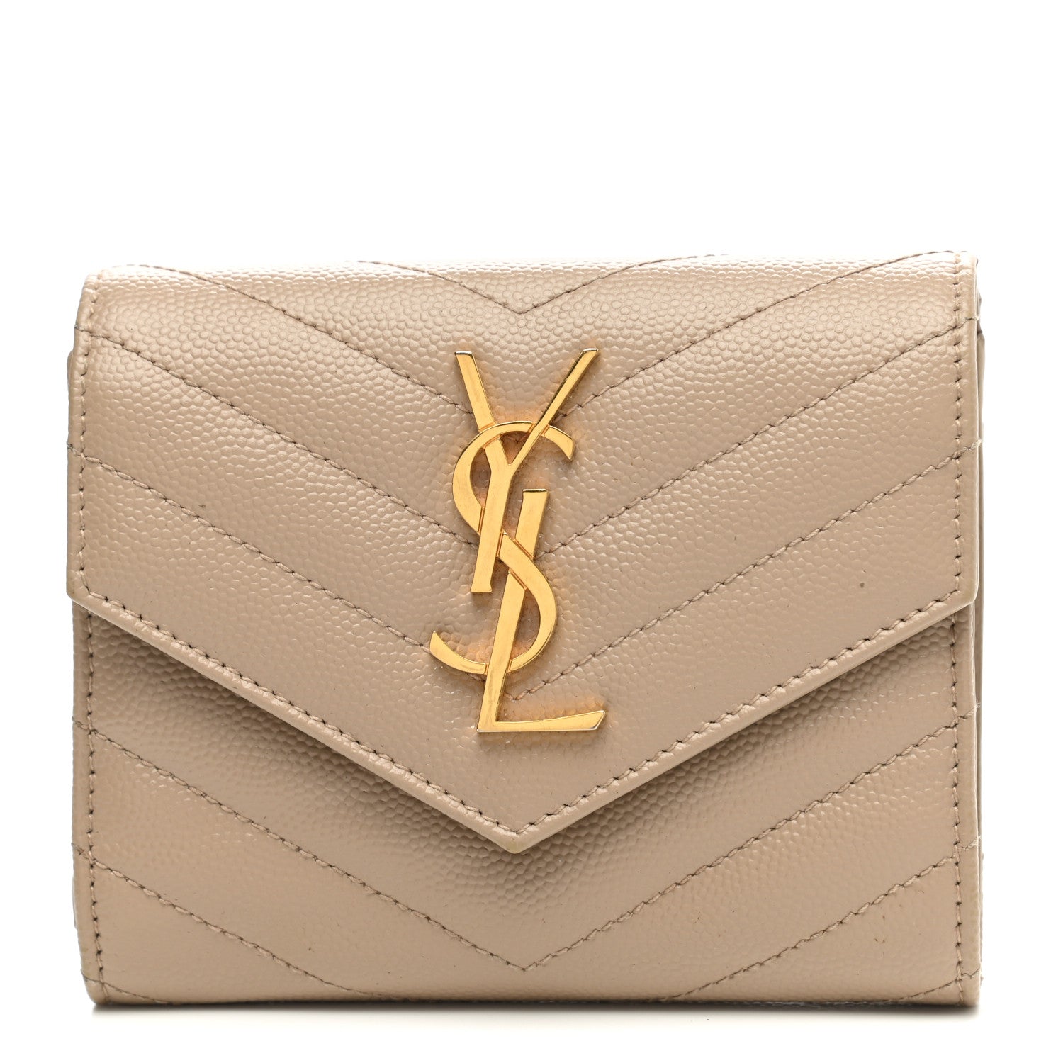 Saint Laurent Grain De Poudre Matelasse Chevron Monogram Compact Tri Fold Wallet Light Taupe 1 of 7