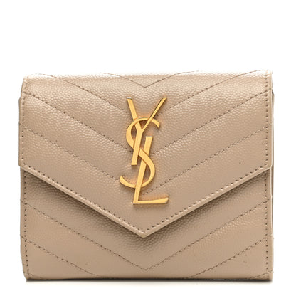 Saint Laurent Grain De Poudre Matelasse Chevron Monogram Compact Tri Fold Wallet Light Taupe 1 of 7