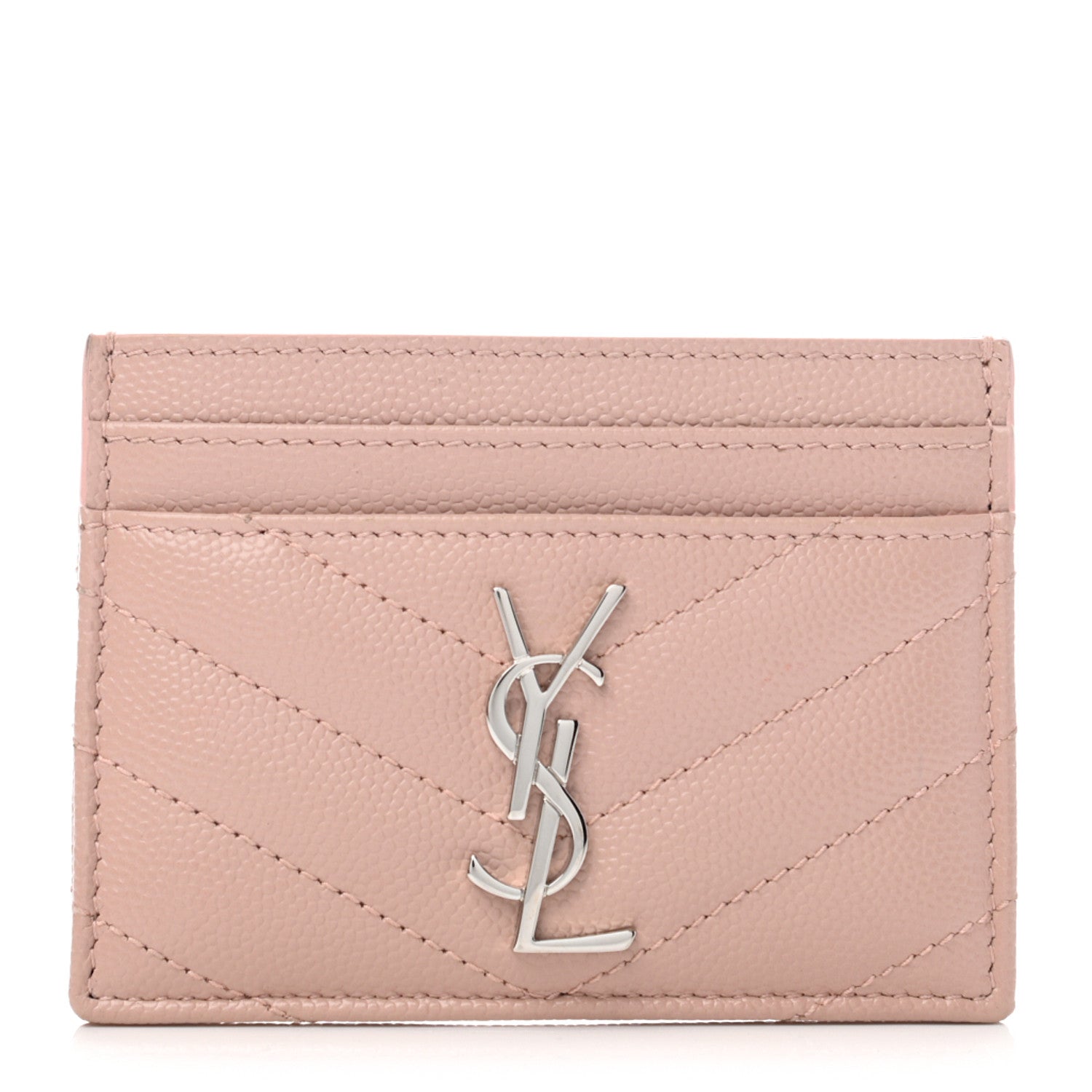 Saint Laurent Grain De Poudre Matelasse Chevron Monogram Credit Card Case Pale Pink 1 of 7