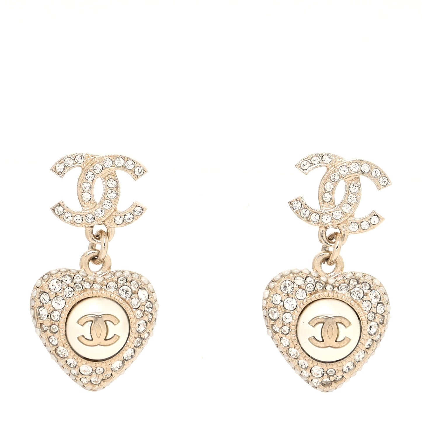 Pearl Crystal CC Heart Drop Earrings Gold White