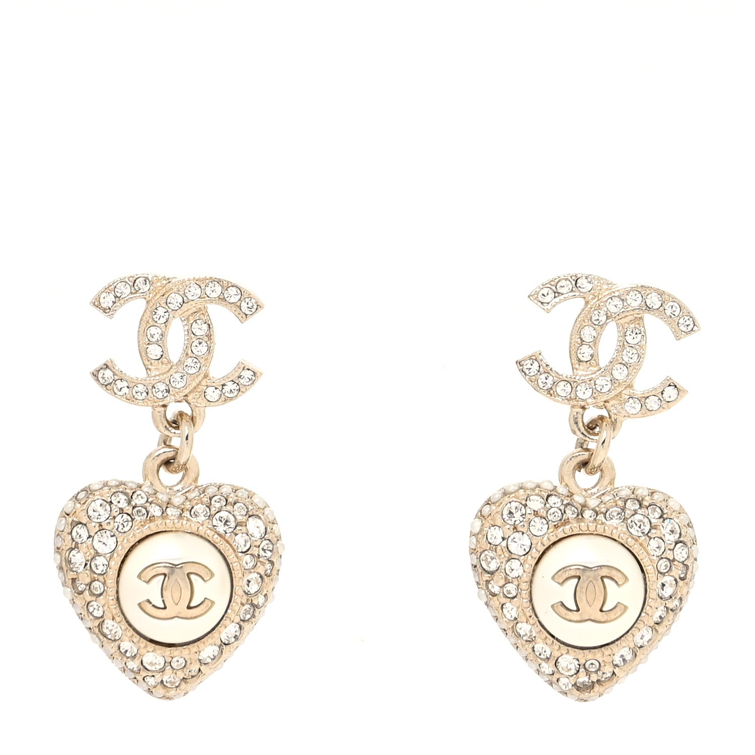 Chanel Pearl Crystal CC Heart Drop Earrings Gold White 1 of 4