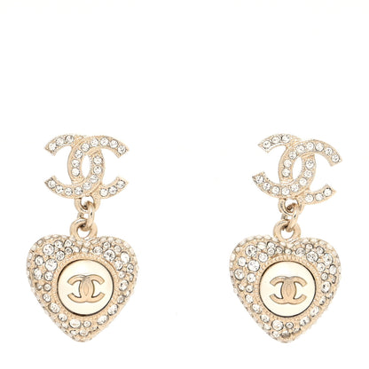 Chanel Pearl Crystal CC Heart Drop Earrings Gold White 1 of 4