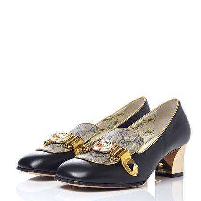Gucci Malaga Kid Nappa GG Supreme Monogram Tiger Head Mid Heel Loafer Pumps 35.5 Black Oro Vecchio Beige 3 of 9