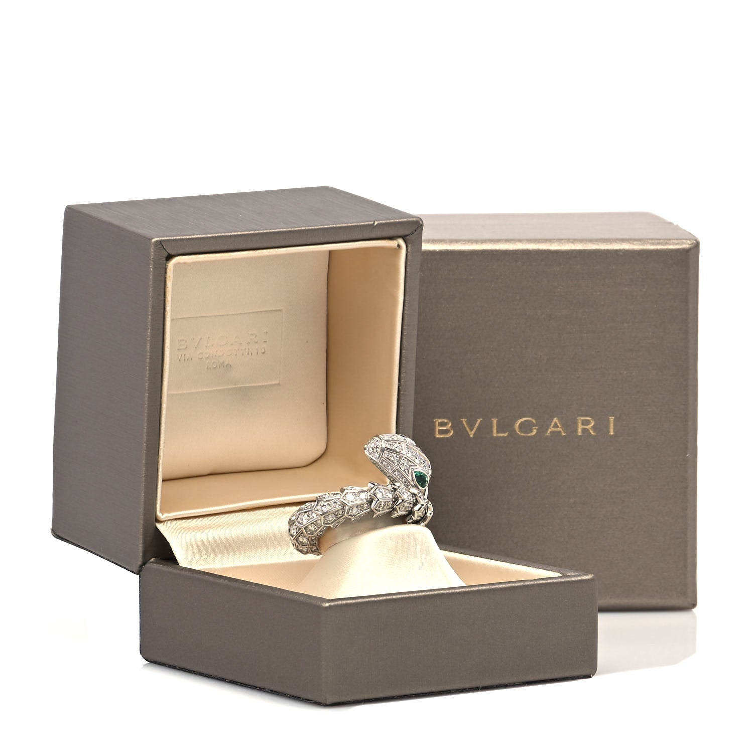 Bulgari 18K White Gold Diamond Emerald Serpenti Pave Ring 55 7.25 6 of 6