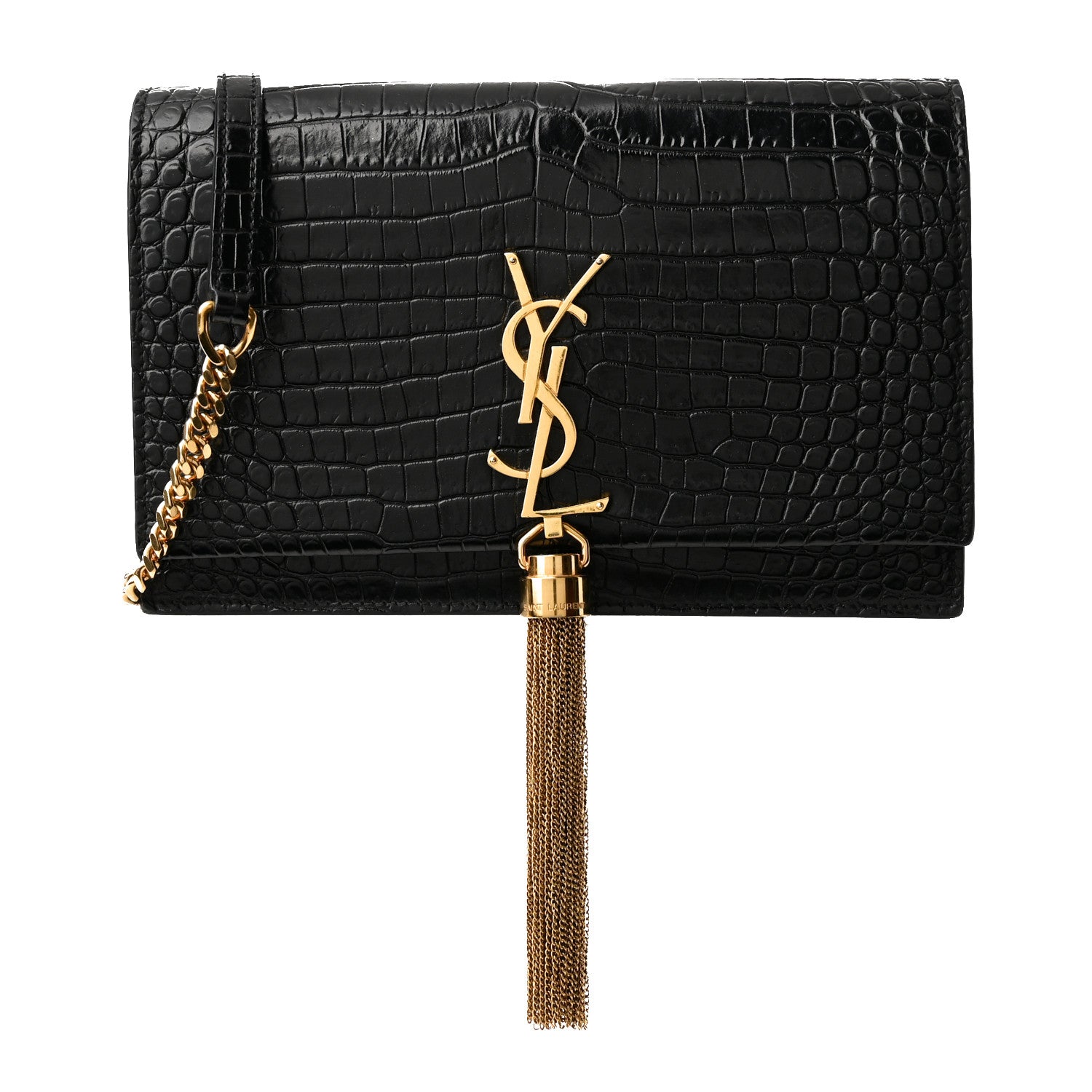 Saint Laurent Calfskin Crocodile Embossed Kate Monogram Tassel Chain Wallet Black 1 of 8