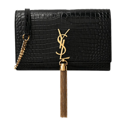 Saint Laurent Calfskin Crocodile Embossed Kate Monogram Tassel Chain Wallet Black 1 of 8