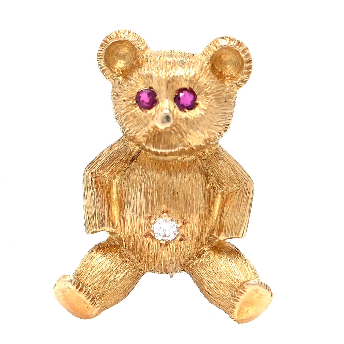 18K Yellow Gold Diamond Ruby Teddy Bear Brooch Pin