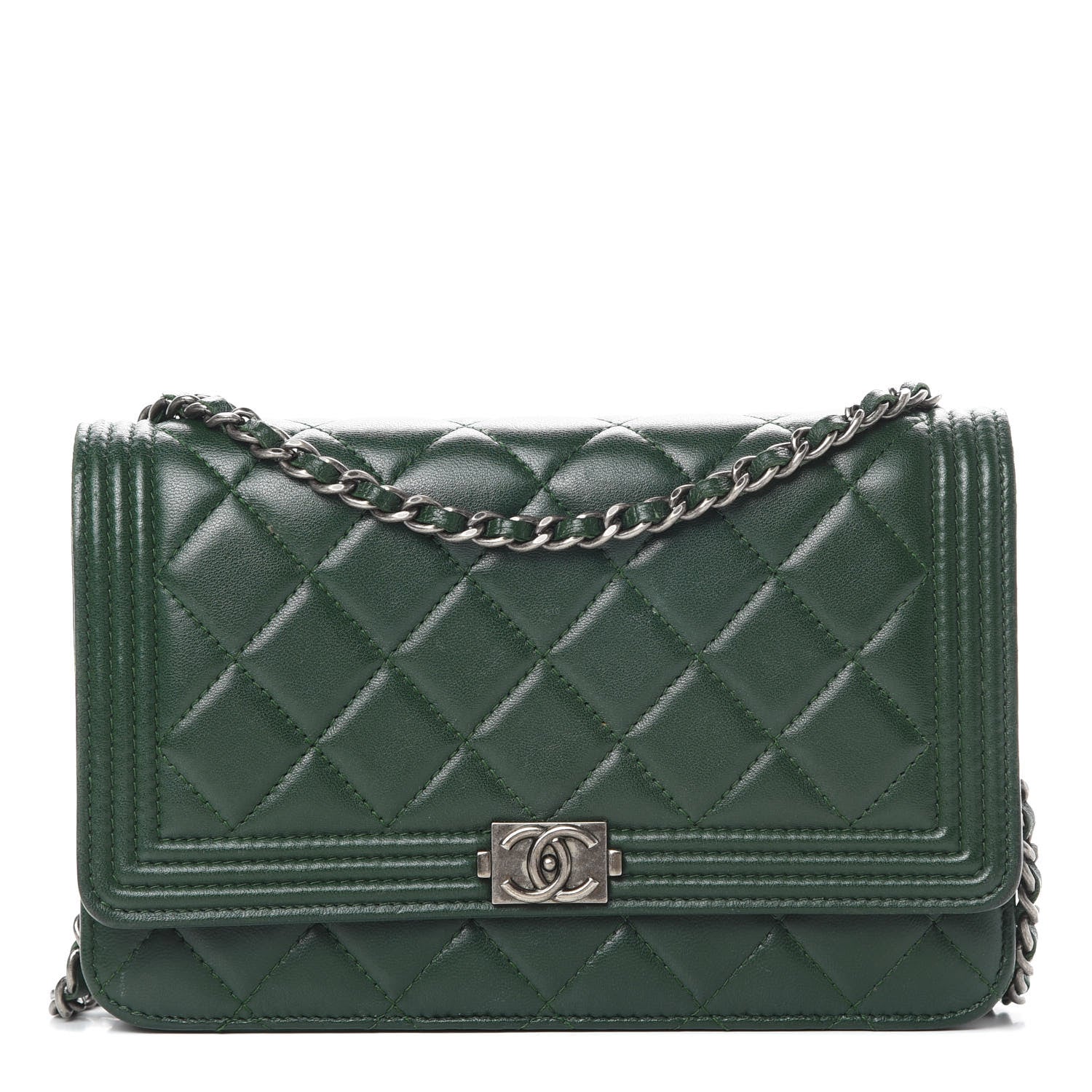 Chanel Lambskin Quilted Boy Wallet On Chain WOC Green 1 of 17