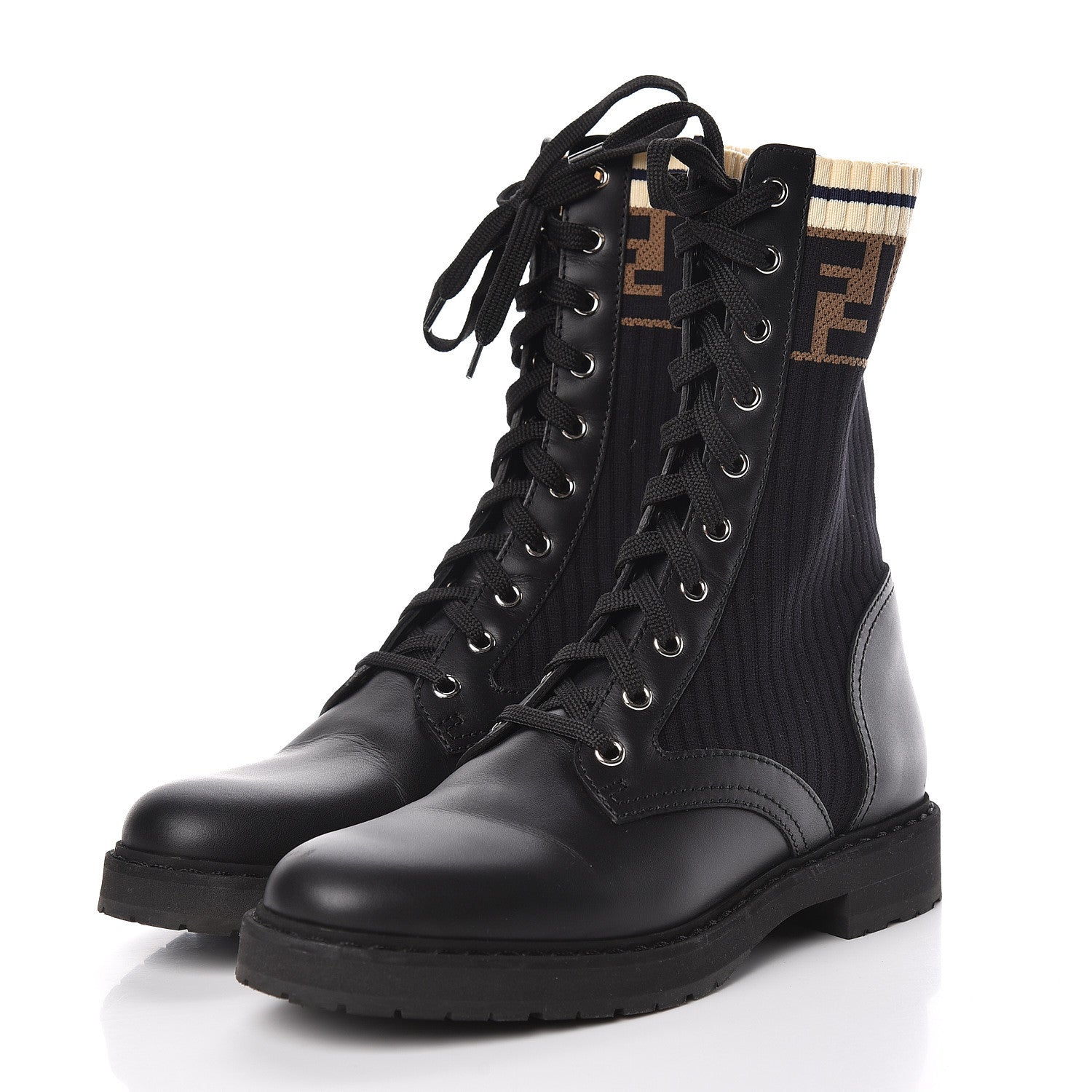Fendi Calfskin Stretch Fabric Rockoko Biker Boots 38 Tobacco Black Marino 3 of 10
