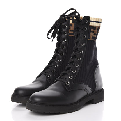 Fendi Calfskin Stretch Fabric Rockoko Biker Boots 38 Tobacco Black Marino 3 of 10