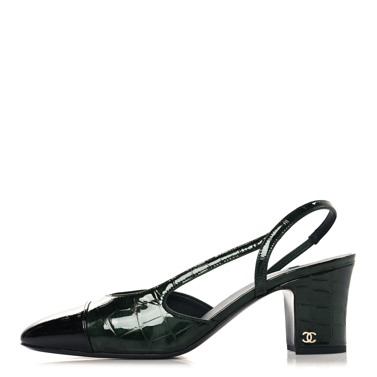 Chanel Patent Calfskin Crocodile Embossed Cap Toe CC Slingback Pumps 36 Burgundy Black 37.5 Dark Green Black 40 Dark Green Black 1 of 10