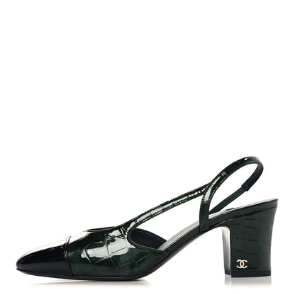 Chanel Patent Calfskin Crocodile Embossed Cap Toe CC Slingback Pumps 36 Burgundy Black 37.5 Dark Green Black 40 Dark Green Black 1 of 10