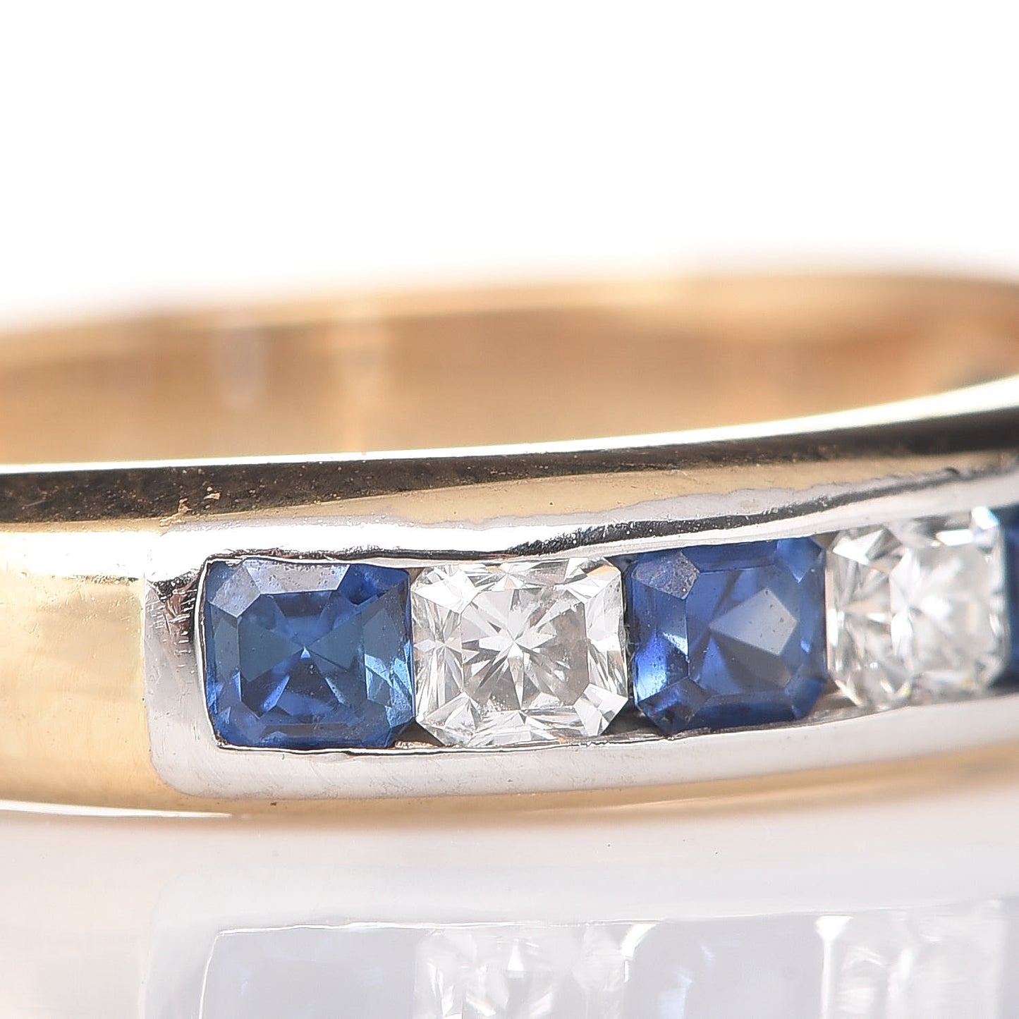 18K Yellow Gold Platinum Diamond Blue Sapphire 4mm Lucida Band Ring 52 6
