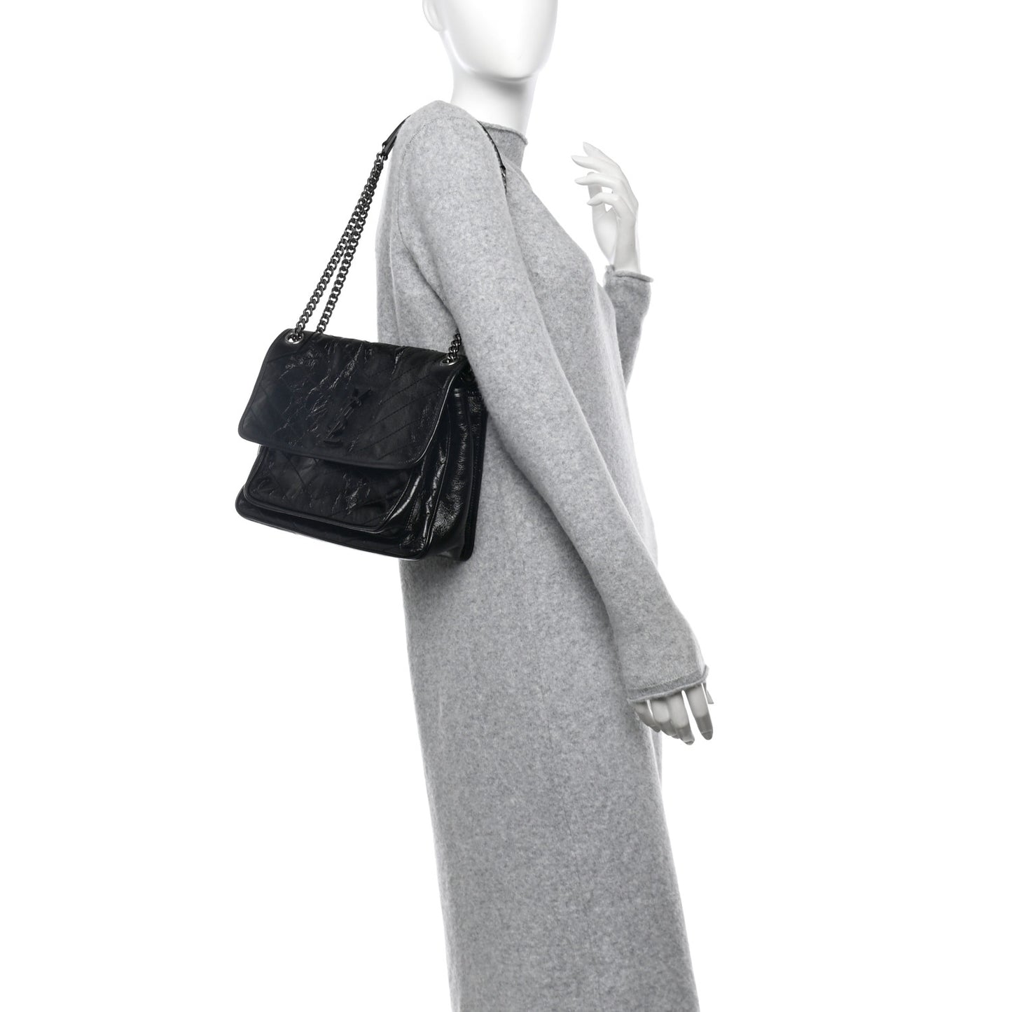Crinkled Calfskin Matelasse Monogram Medium Niki Chain Satchel Black