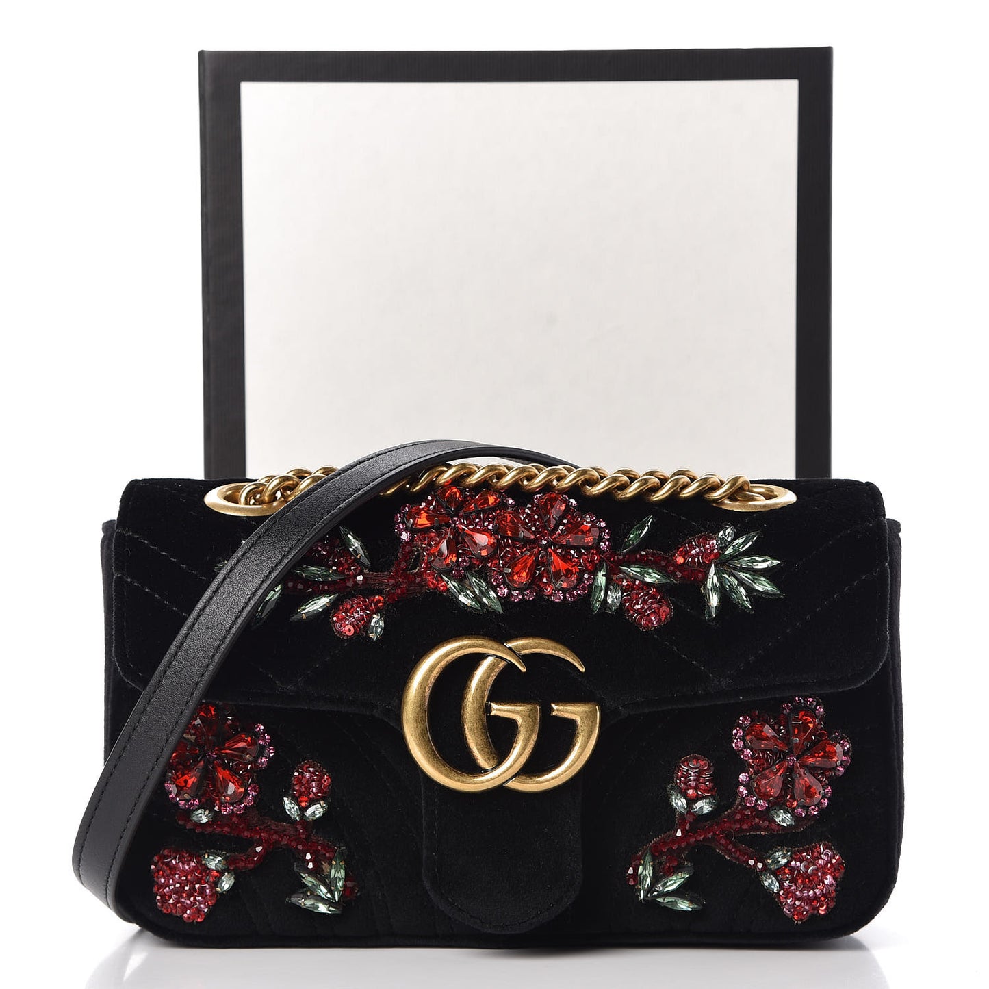 Velvet Matelasse Embroidered Mini GG Marmont Shoulder Bag Black