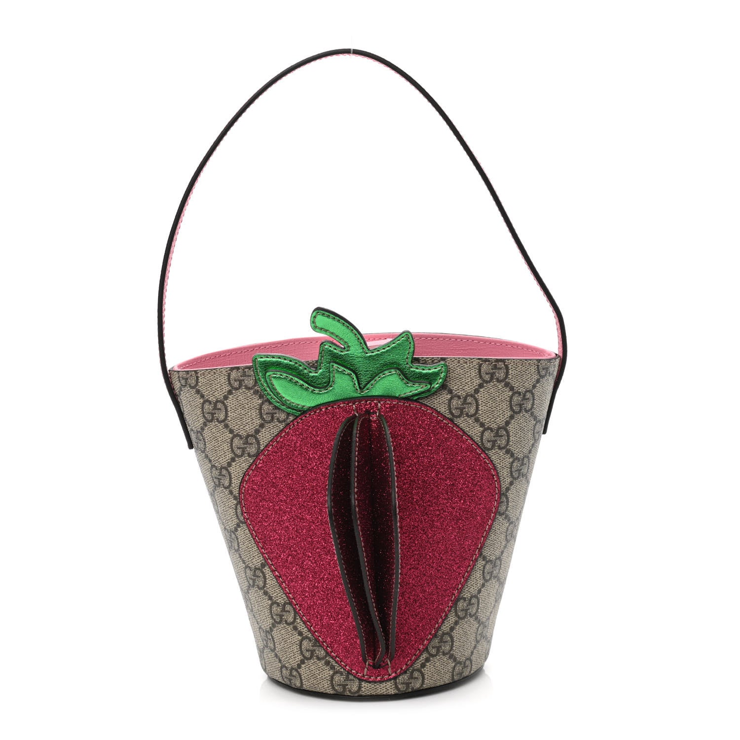 Gucci GG Supreme Monogram 3-D Strawberry Childrens Bucket Tote Beige Ebony Lotus Pink Fuxia Emerald 1 of 10