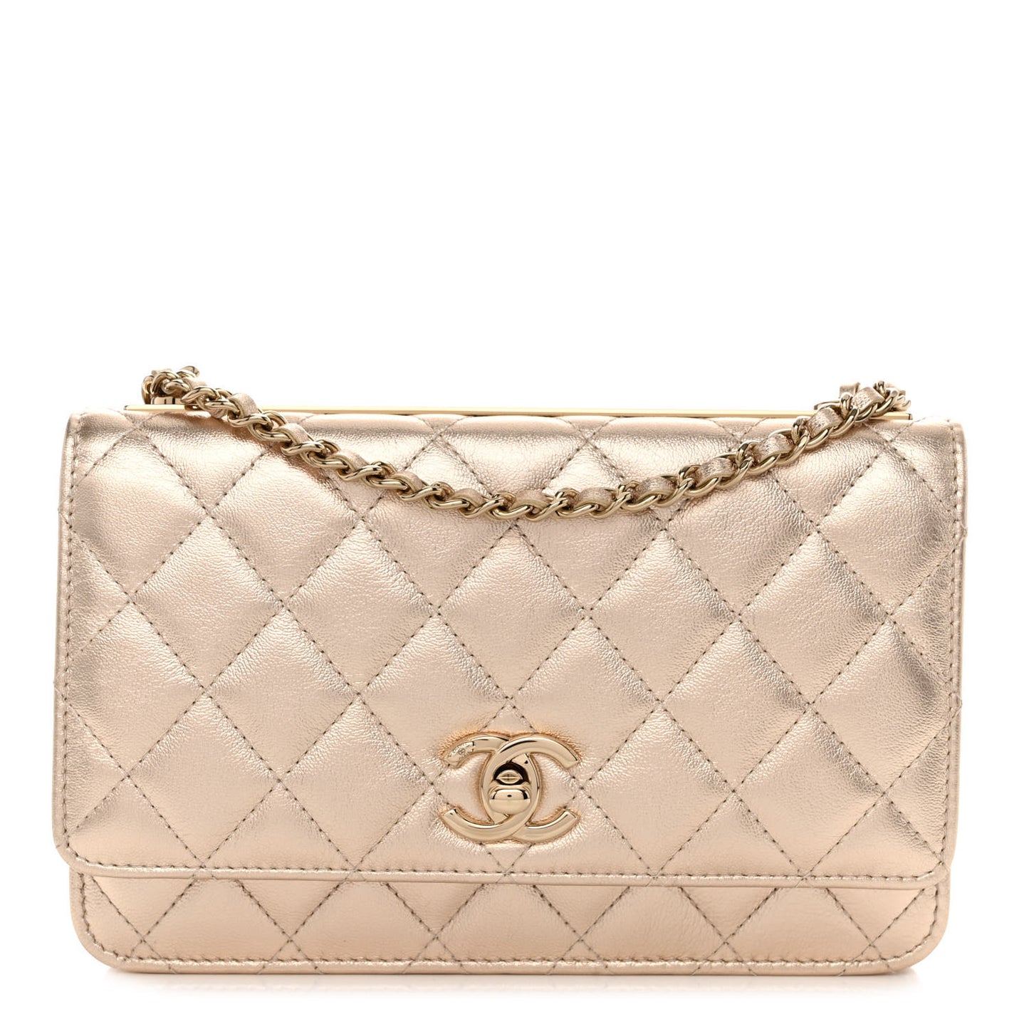 Metallic Lambskin Quilted Trendy CC Wallet On Chain WOC Gold