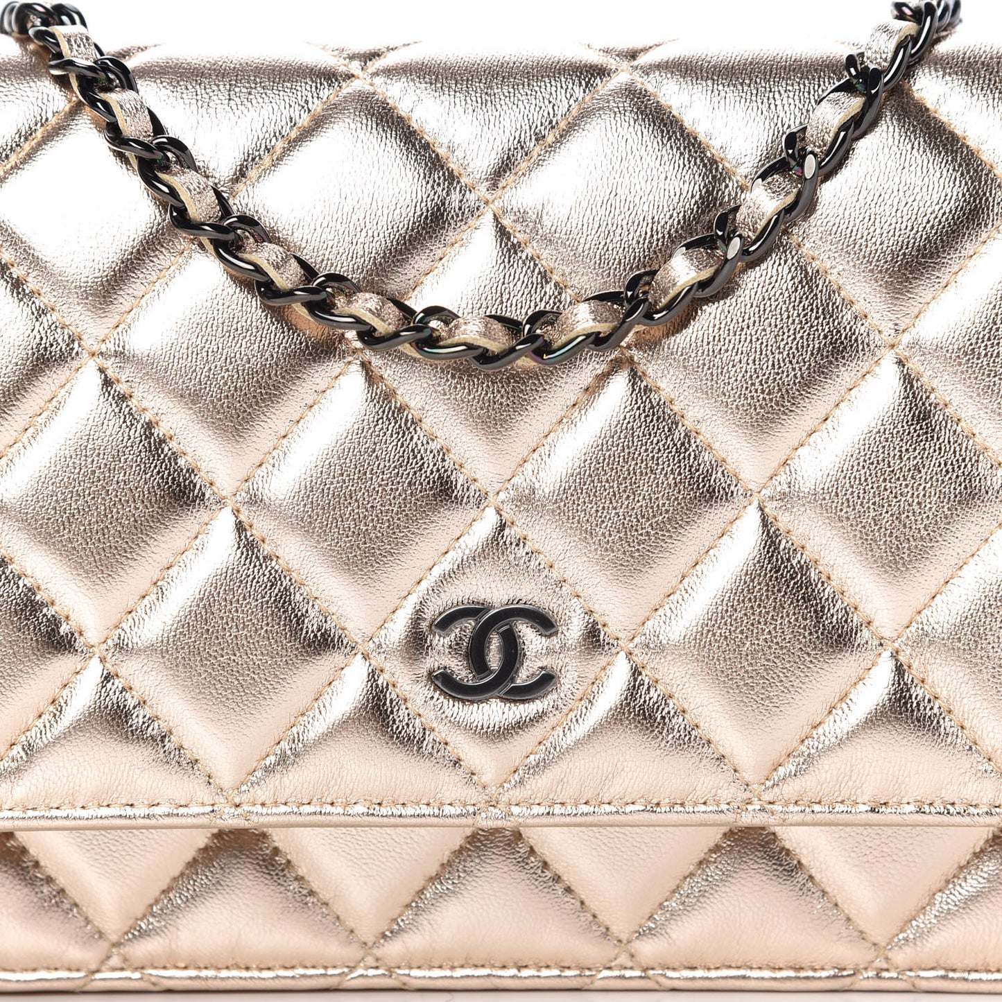 Metallic Lambskin Quilted Wallet On Chain WOC Gold Black