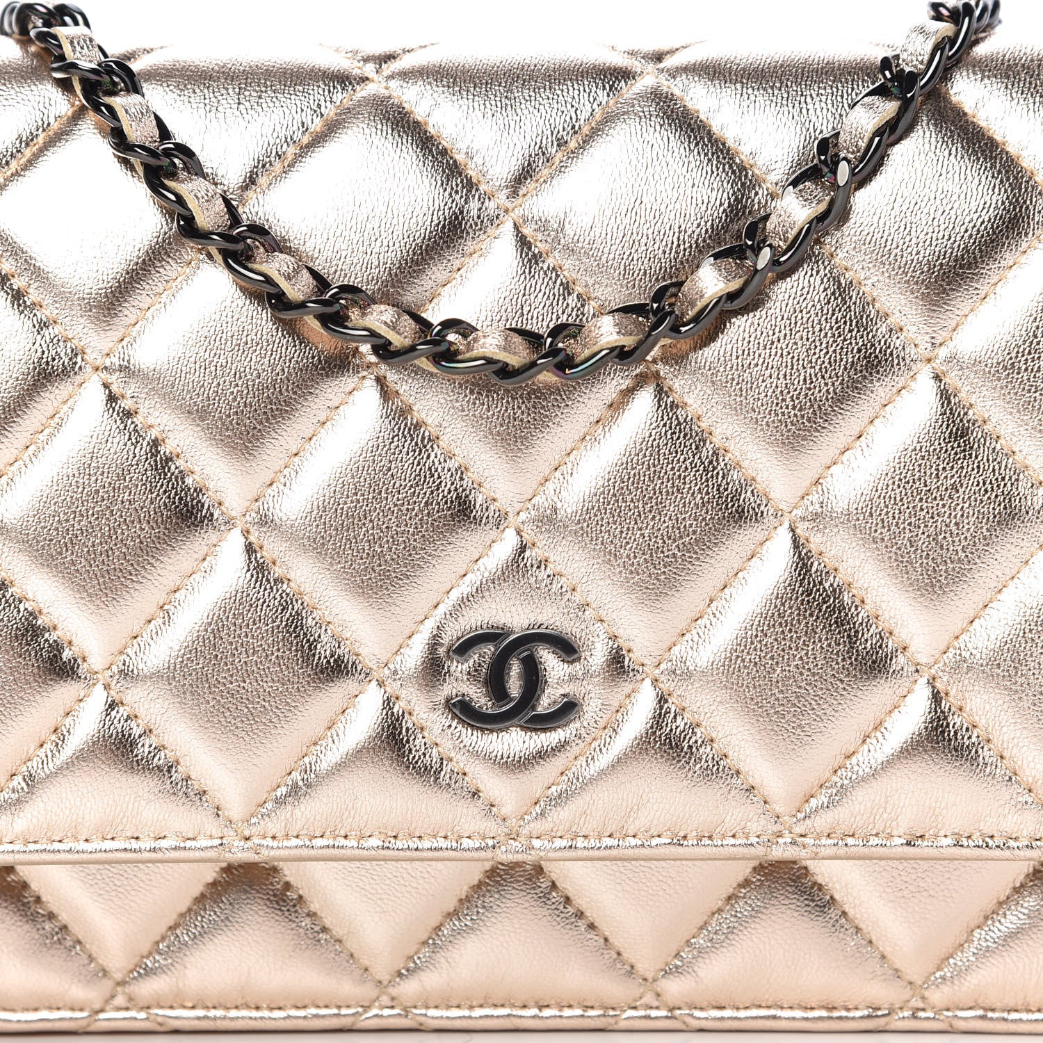 Chanel Metallic Lambskin Quilted Wallet On Chain WOC Gold Black 11 of 12