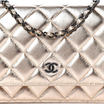 Chanel Metallic Lambskin Quilted Wallet On Chain WOC Gold Black 11 of 12