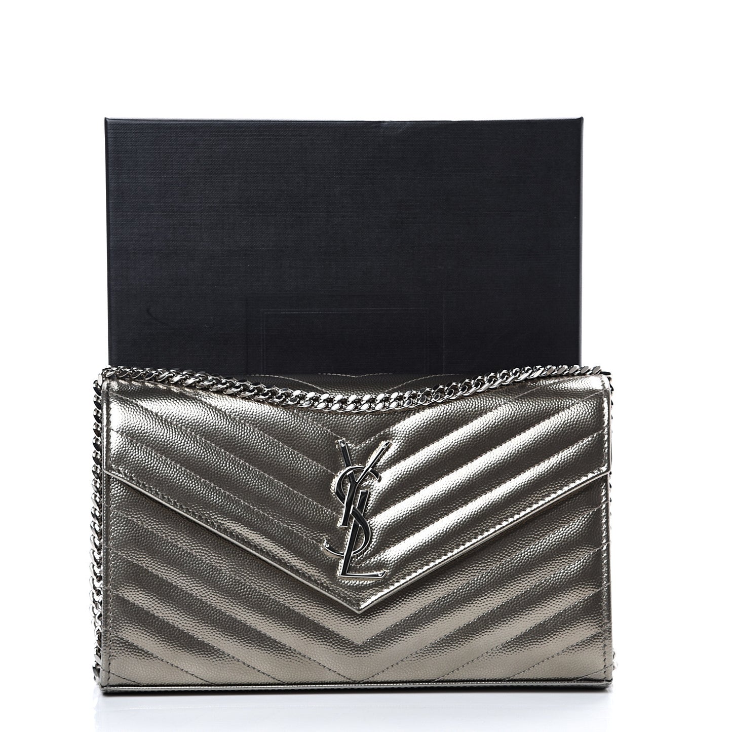 Metallic Grain De Poudre Matelasse Chevron Monogram Chain Wallet Piombo