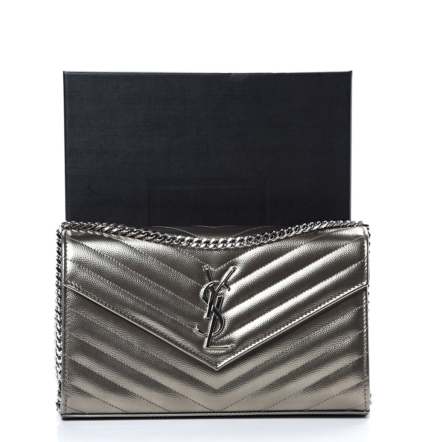 Saint Laurent Metallic Grain De Poudre Matelasse Chevron Monogram Chain Wallet Piombo 11 of 11