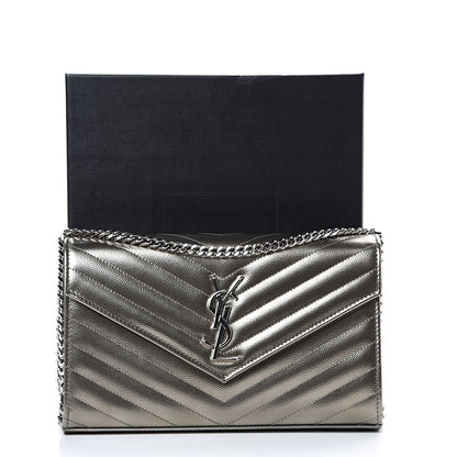 Saint Laurent Metallic Grain De Poudre Matelasse Chevron Monogram Chain Wallet Piombo 11 of 11