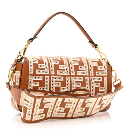 Fendi Vitello Seta FF Ajour Embroidered Baguette Brandy 2 of 8
