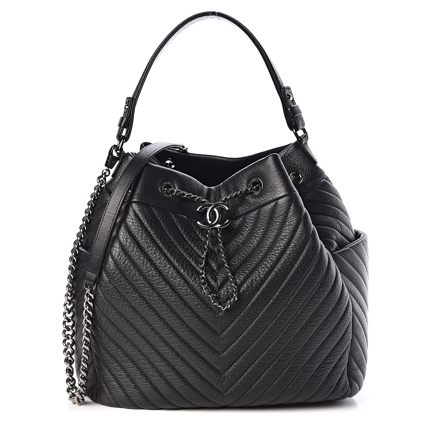 Chanel Deerskin Chevron Large CC Chain Bucket Drawstring Bag Black 1 of 10