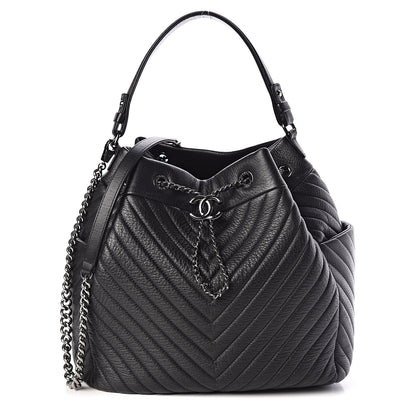 Chanel Deerskin Chevron Large CC Chain Bucket Drawstring Bag Black 1 of 10