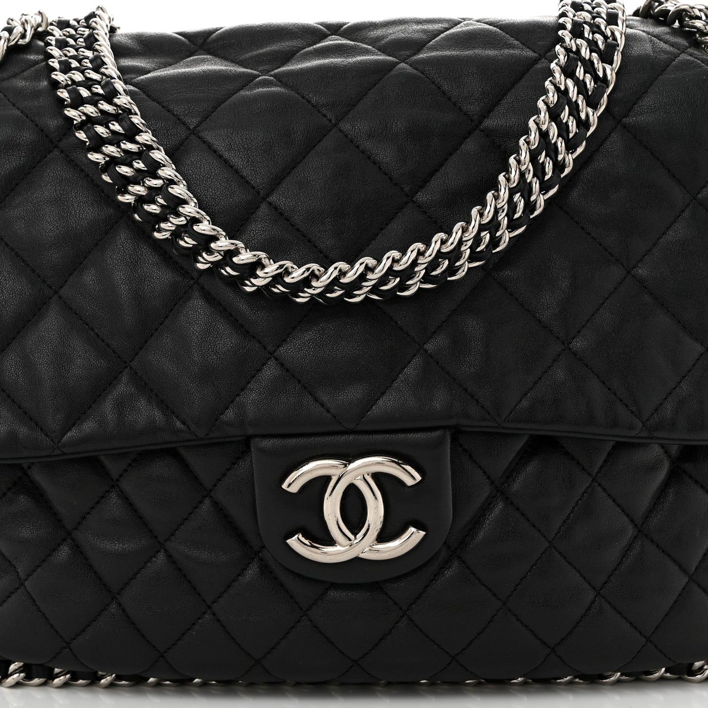 Washed Lambskin Quilted Maxi Chain Around Flap Black