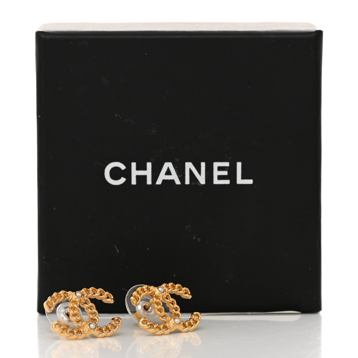 Metal Pearl CC Chain Link Earrings Light Gold
