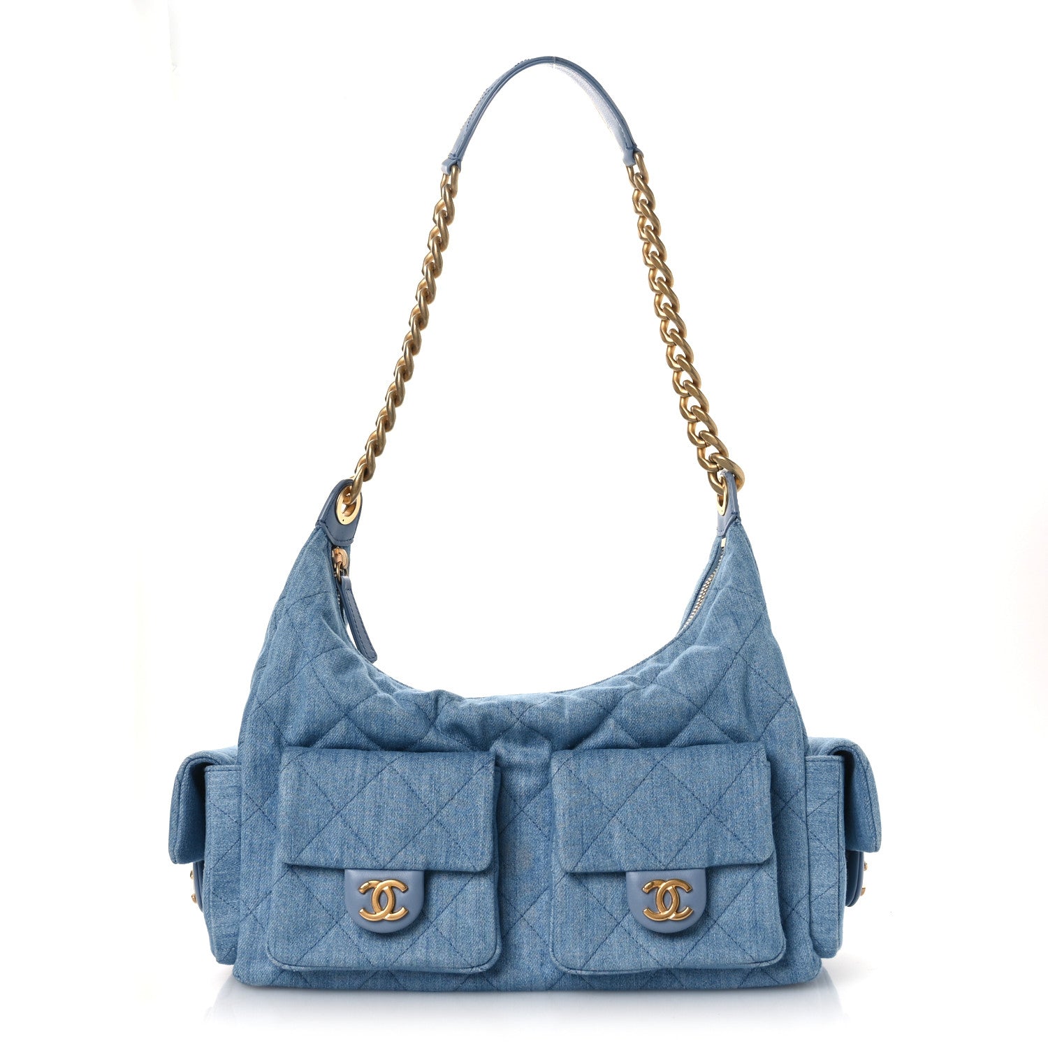 Chanel Washed Denim Quilted Large Trendy Pockets Hobo Blue 1 of 11