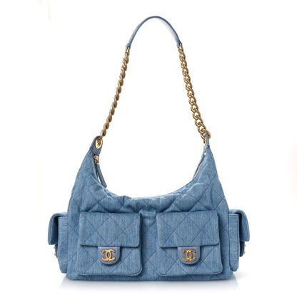 Chanel Washed Denim Quilted Large Trendy Pockets Hobo Blue 1 of 11