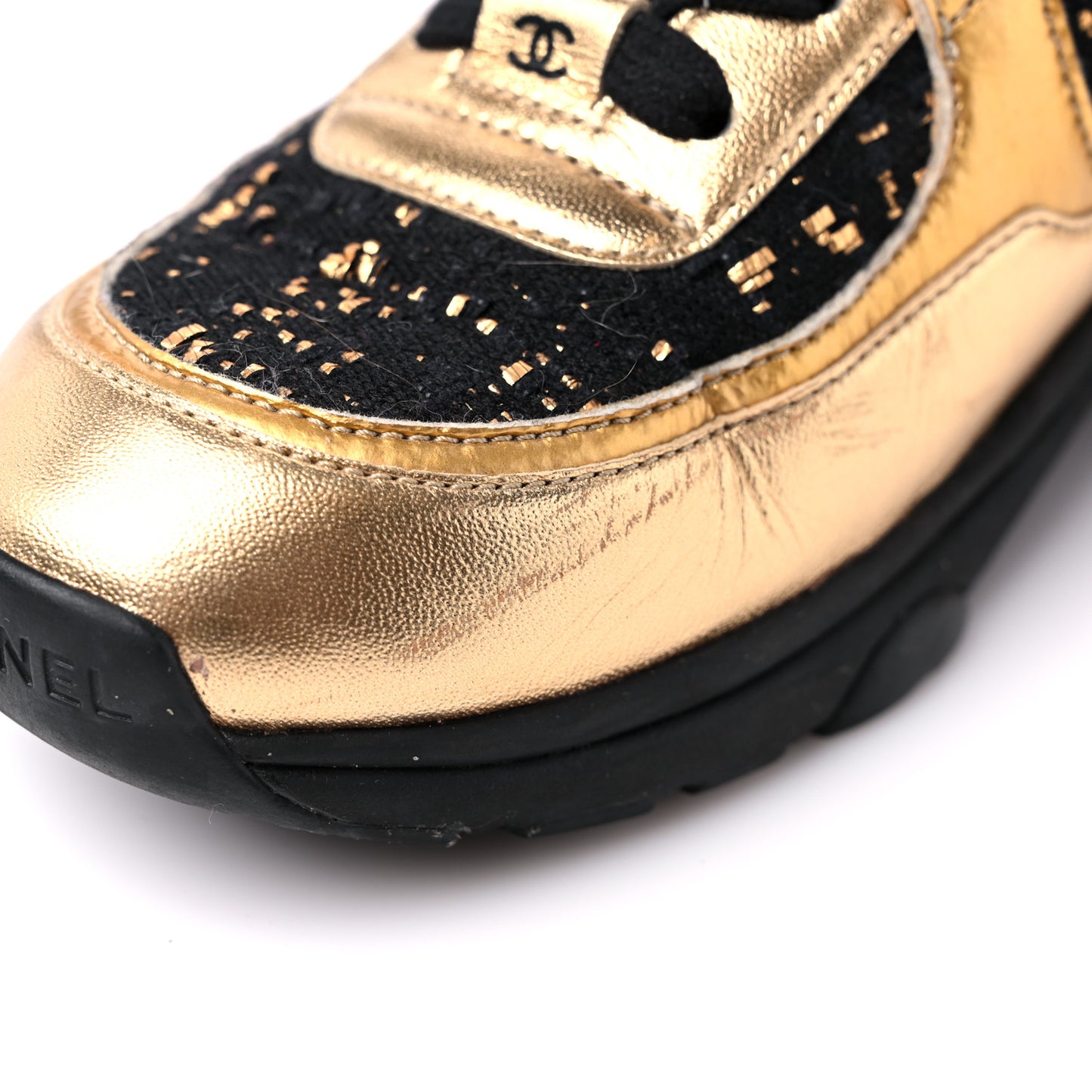 Satin Lambskin Fabric Tweed CC Sneakers 35.5 Gold Black