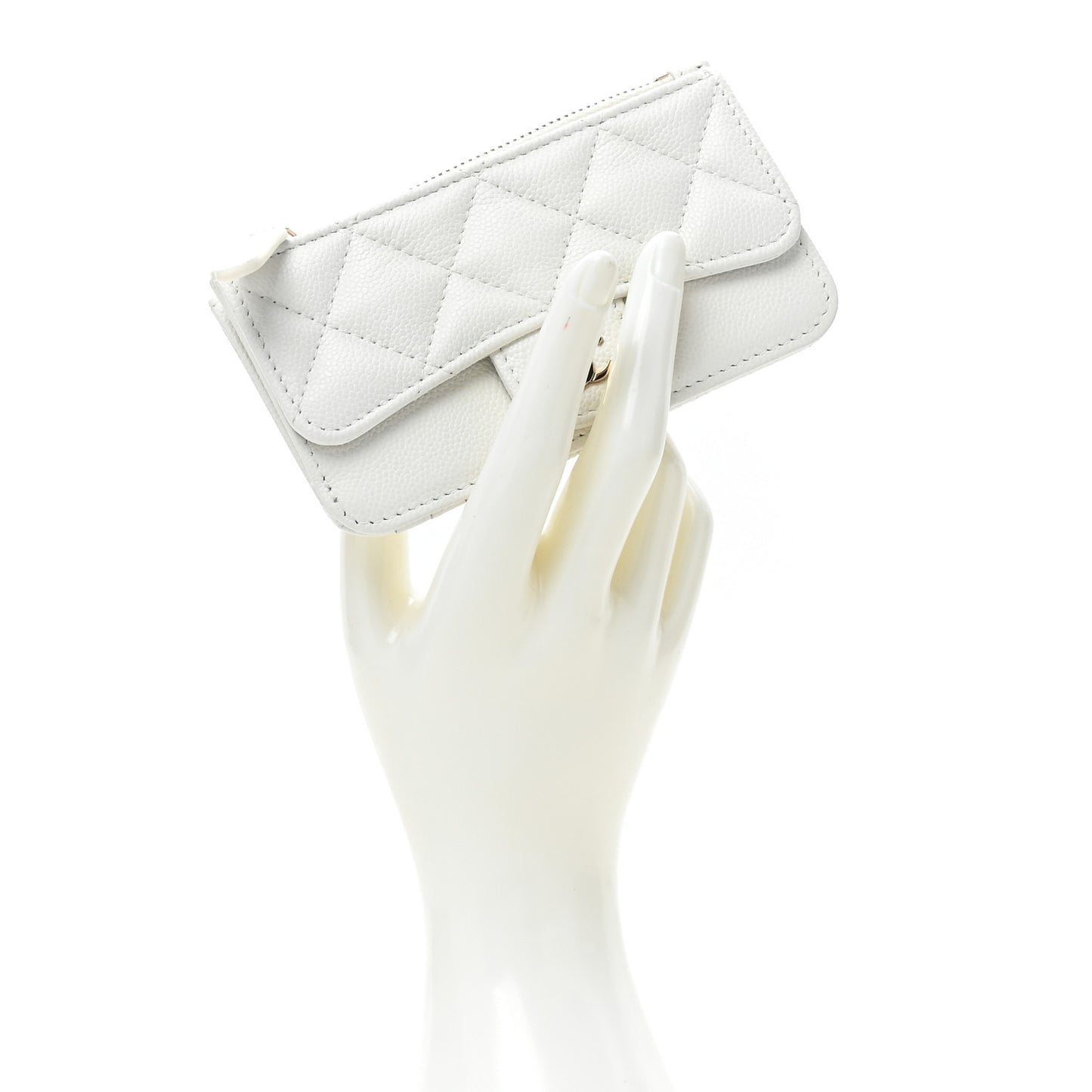 Caviar Quilted Flap Zip Card Holder White