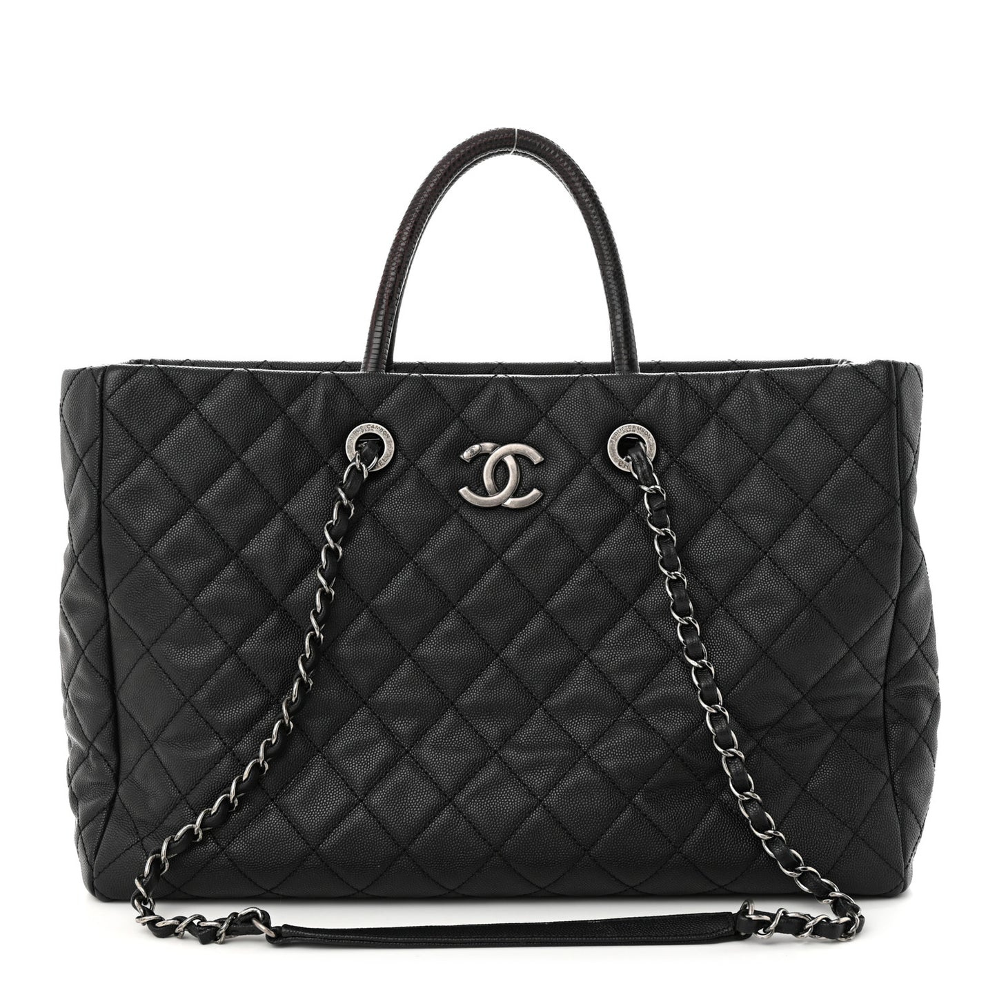Caviar Lizard Quilted Large Coco Handle Shopping Tote Black