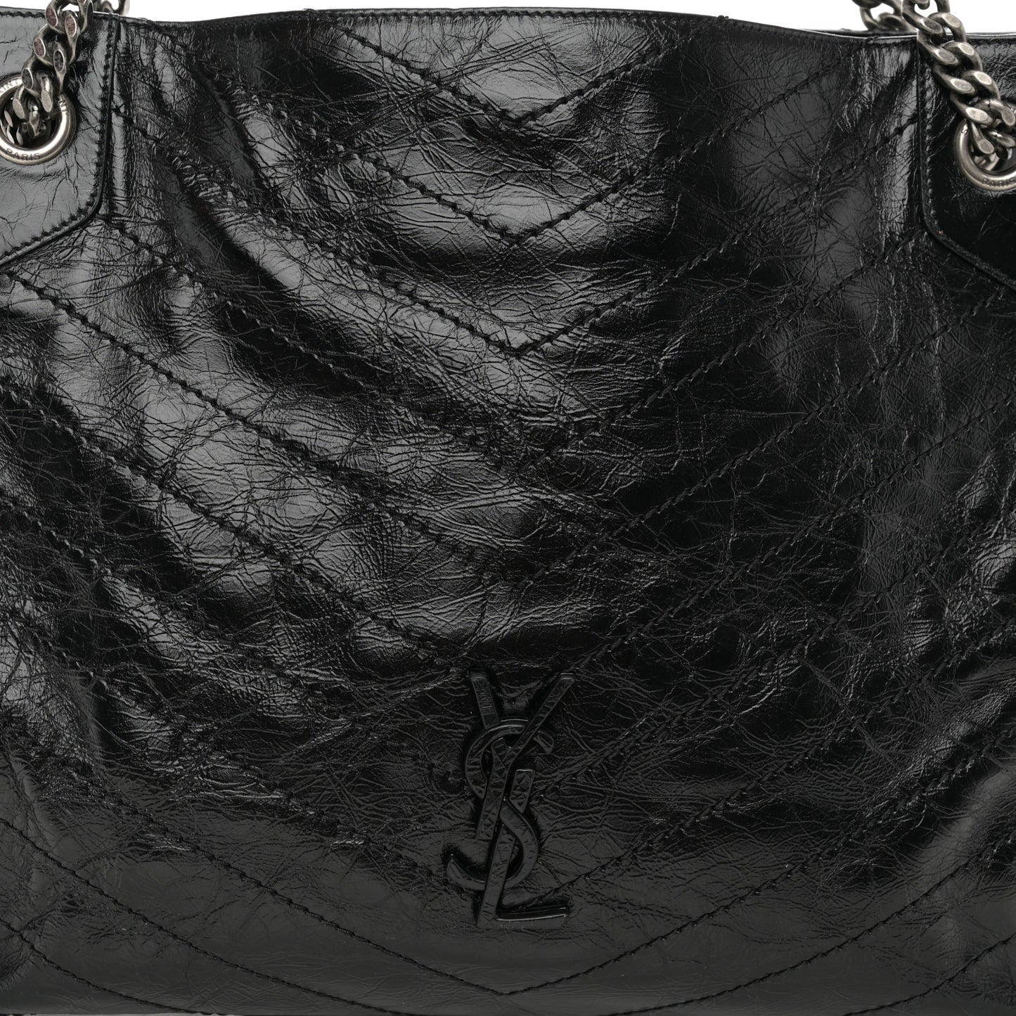 Crinkled Calfskin Matelasse Monogram Medium Niki Shopper Tote Black
