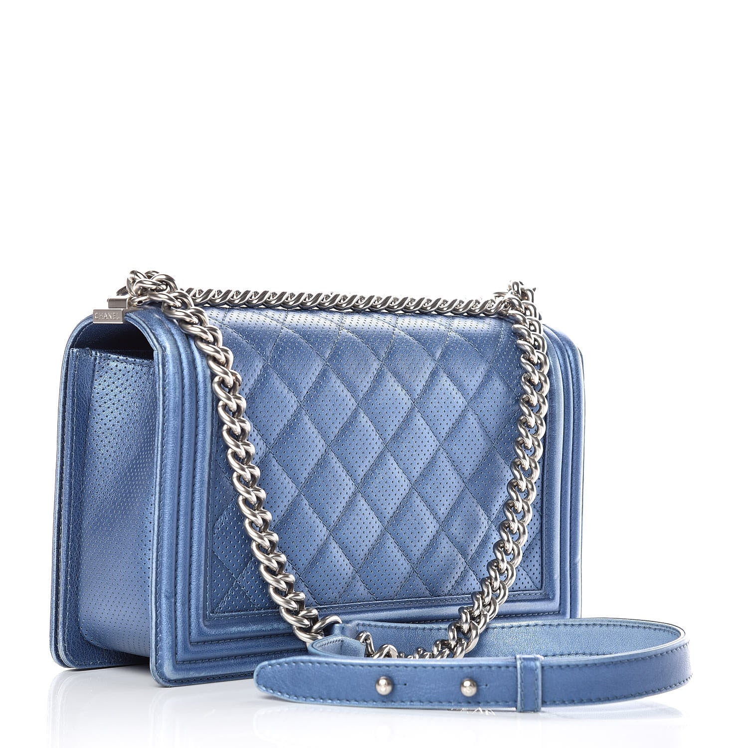 Chanel Metallic Lambskin Perforated New Medium Boy Flap Blue 3 of 20