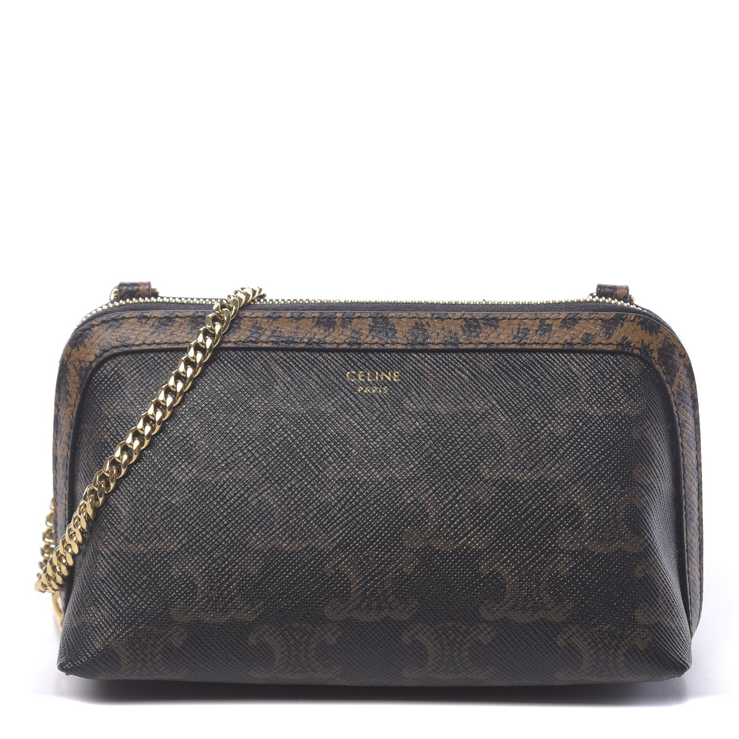 Celine Triomphe Canvas Calfskin Leopard Print Mini Clutch on Chain Black Tan 1 of 11