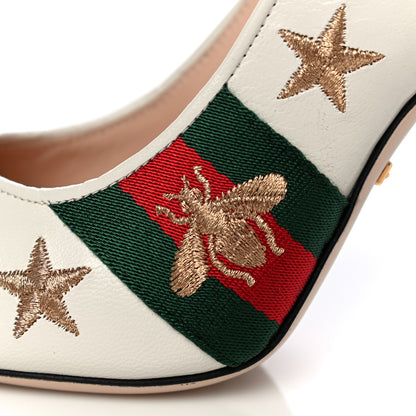 Gucci Malaga Kid Web Bee Star Embroidered Sylvie High Heel Slingback Pumps 35 White 13 of 14