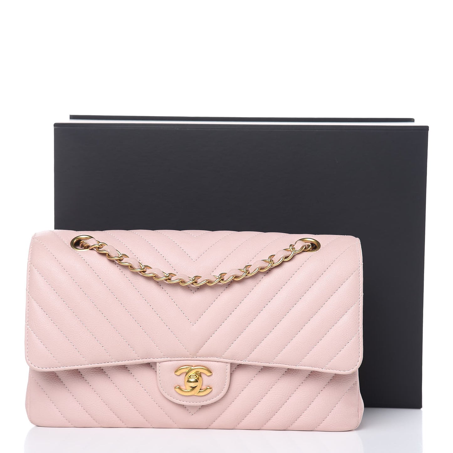 Calfskin Chevron Quilted Medium Double Flap Light Pink
