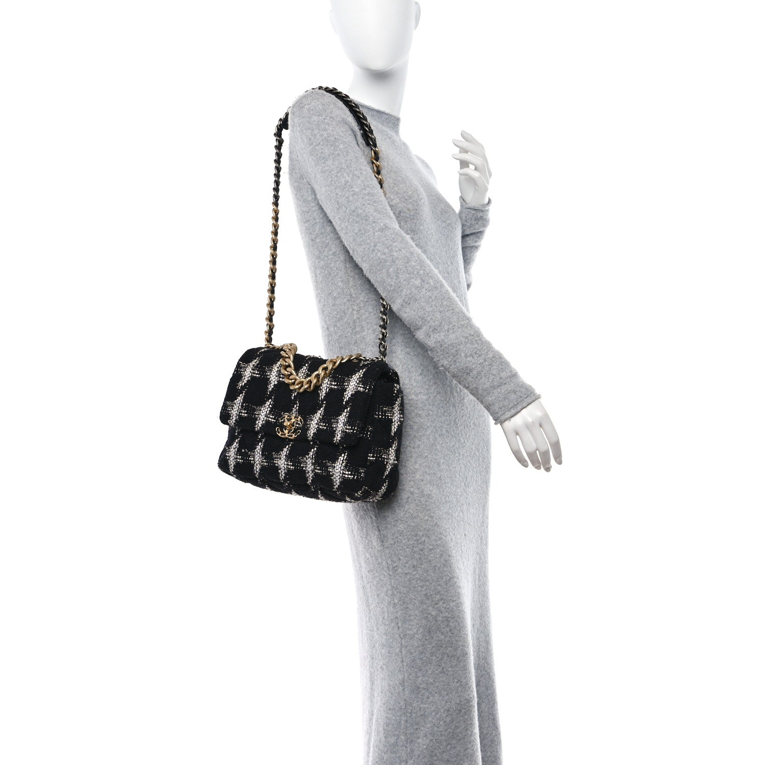 Chanel Tweed Quilted Large Chanel 19 Flap Black White 3 of 11
