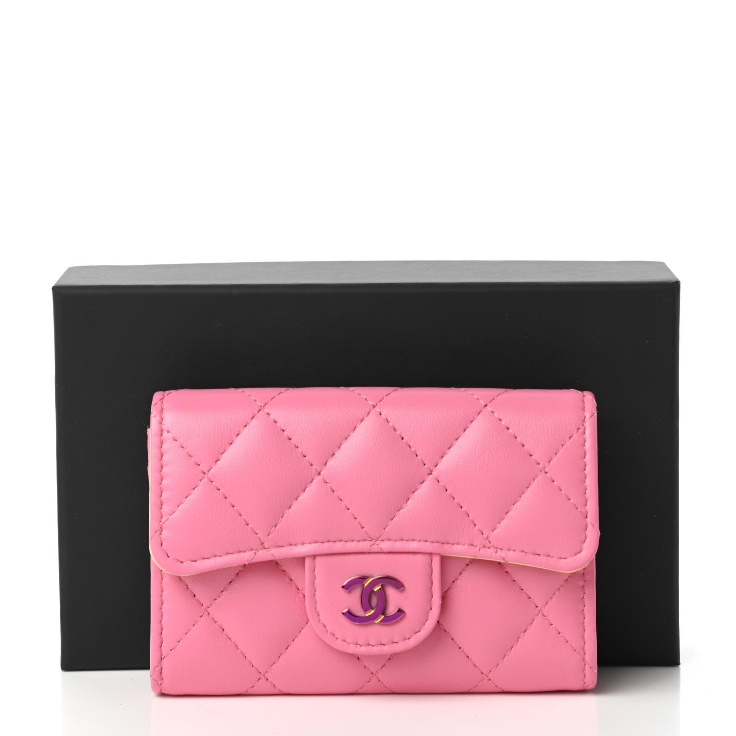 Chanel Lambskin Quilted Flap Card Holder Wallet Pink Yellow 11 of 11