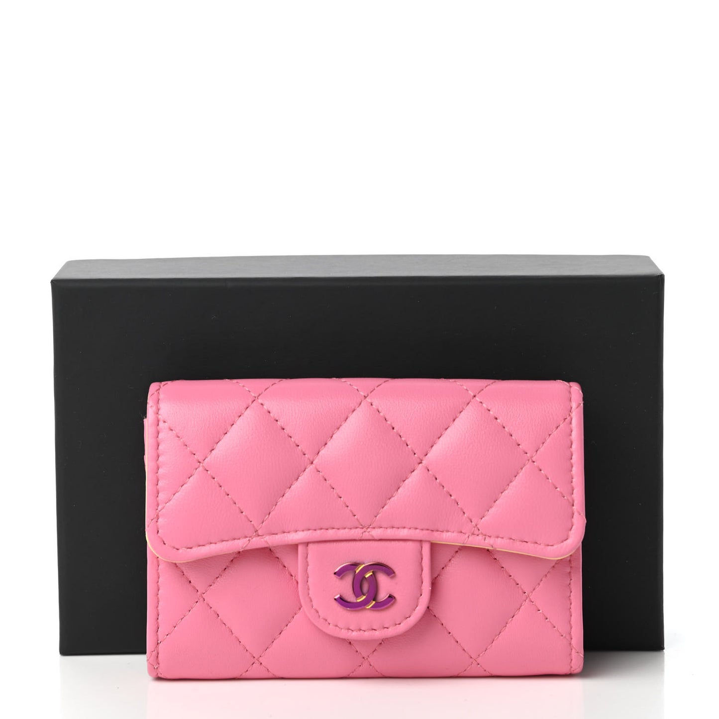 Lambskin Quilted Flap Card Holder Wallet Pink Yellow