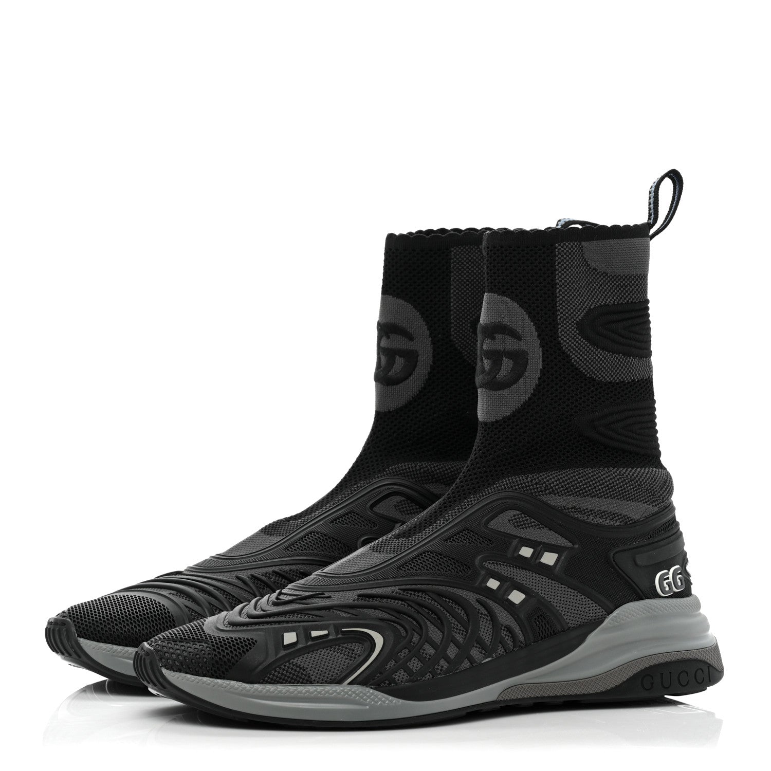 Gucci Rubber Technical Fabric Mens Ultrapace R Mid Top Sock Sneakers 8 Black Grey Silver Loess 3 of 8