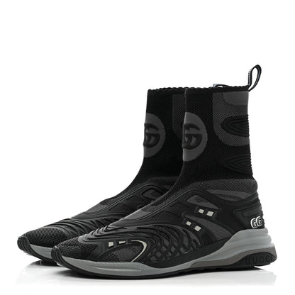 Gucci Rubber Technical Fabric Mens Ultrapace R Mid Top Sock Sneakers 8 Black Grey Silver Loess 3 of 8