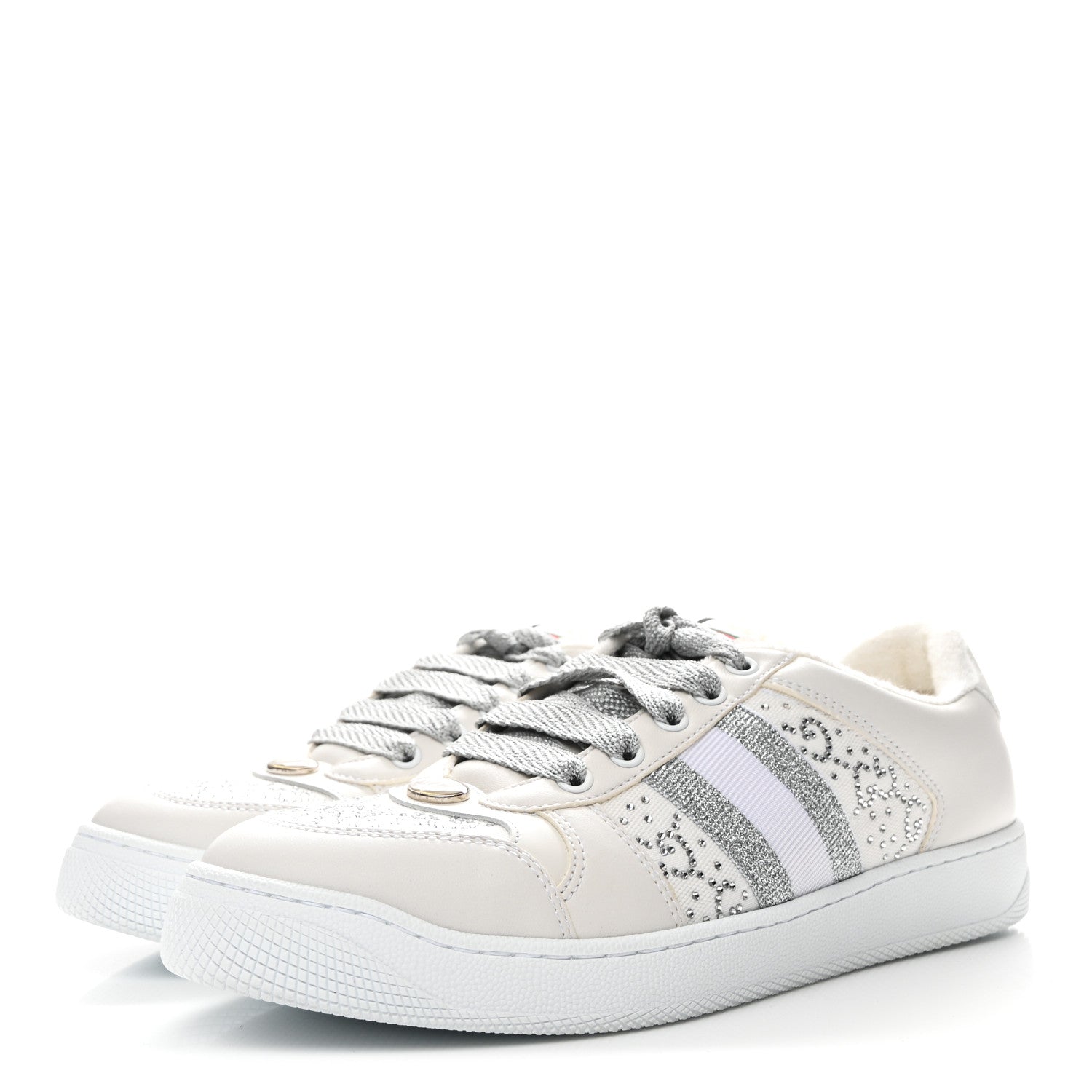 Gucci Calfskin GG Supreme Crystals Web Screener Sneakers 38 White Silver 4 of 9