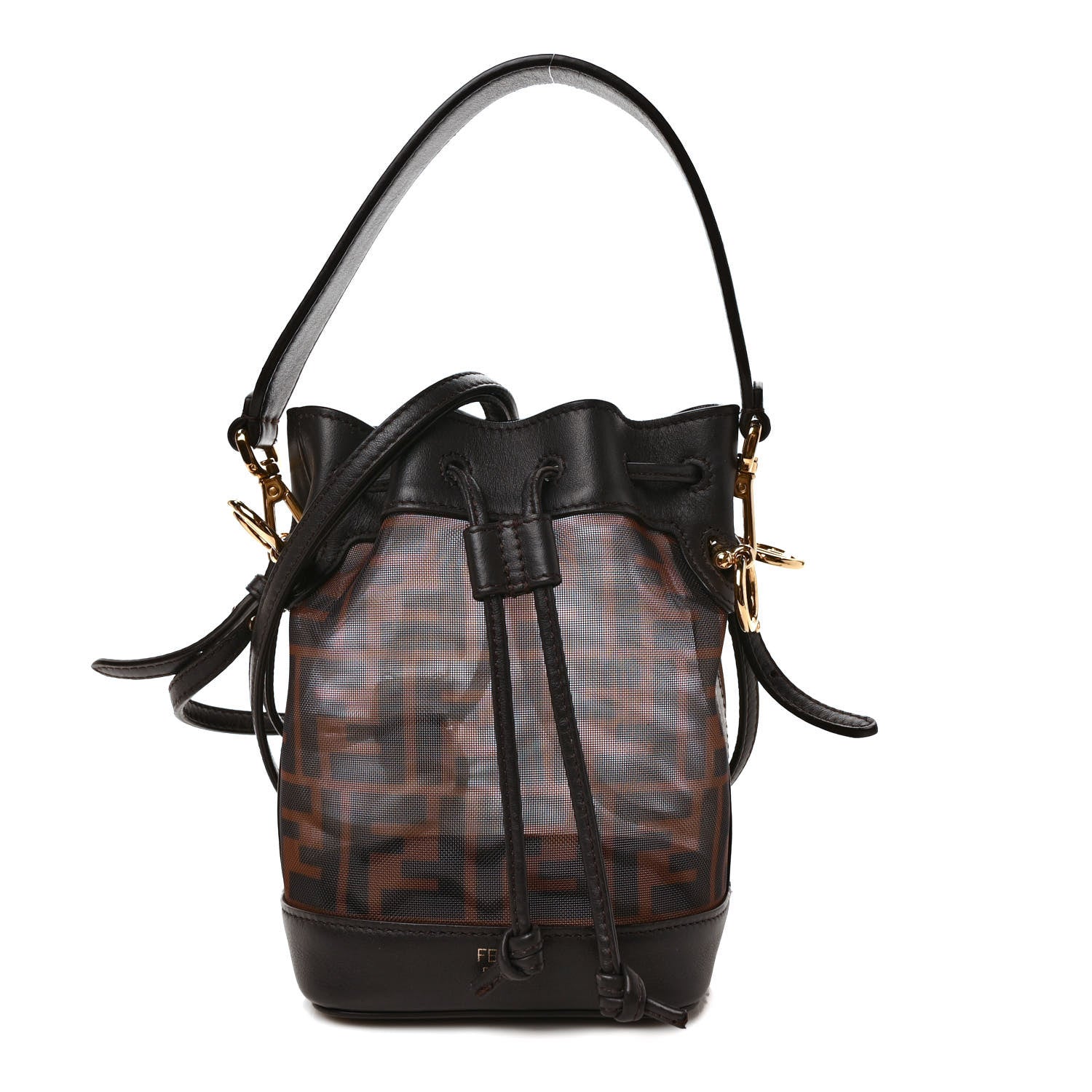 Fendi Mesh Vitello Grace F is Fendi FF 1974 Mini Mon Tresor Bucket Bag Marrone Black Ebano 1 of 8
